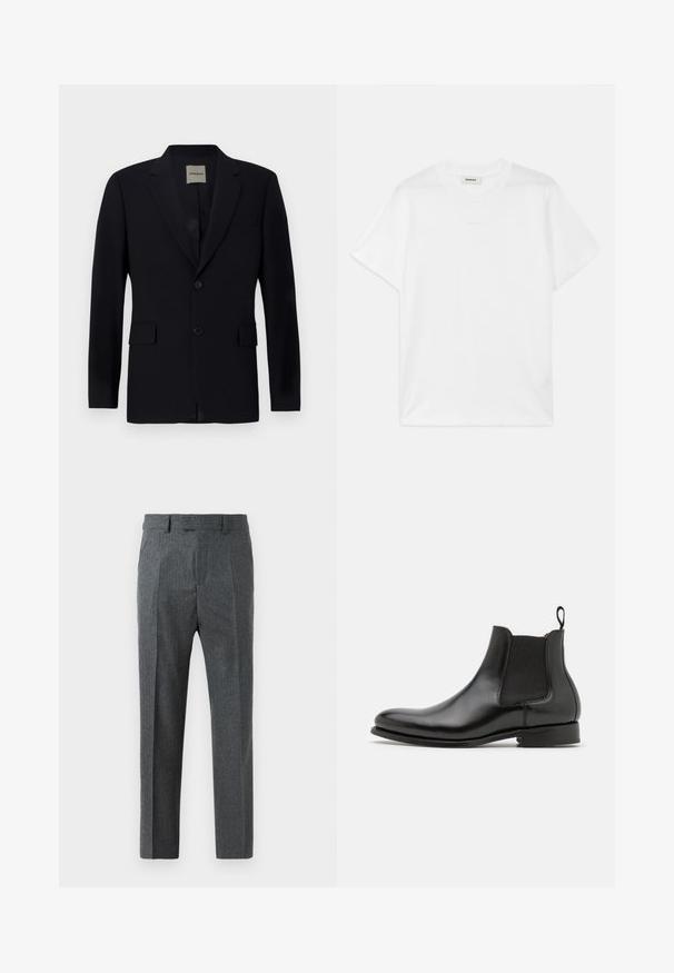 Blazer azul marino de tela suave con solapa con muesca, cierre de un botón, dos bolsillos frontales y un forro interior sutil.; Camiseta de algodón blanca con cuello redondo, mangas cortas y un logotipo sutil impreso en el frente. Textura suave y diseño simple.; Pantalones grises ajustados con un fino estampado de cuadro, diseño de pierna recta y una textura de tela suave. Cuenta con trabillas para cinturón y cierre de cremallera.; Botín Chelsea de cuero negro con paneles elásticos laterales, punta redondeada, tirador y un tacón bajo apilado, con un acabado liso y brillante.