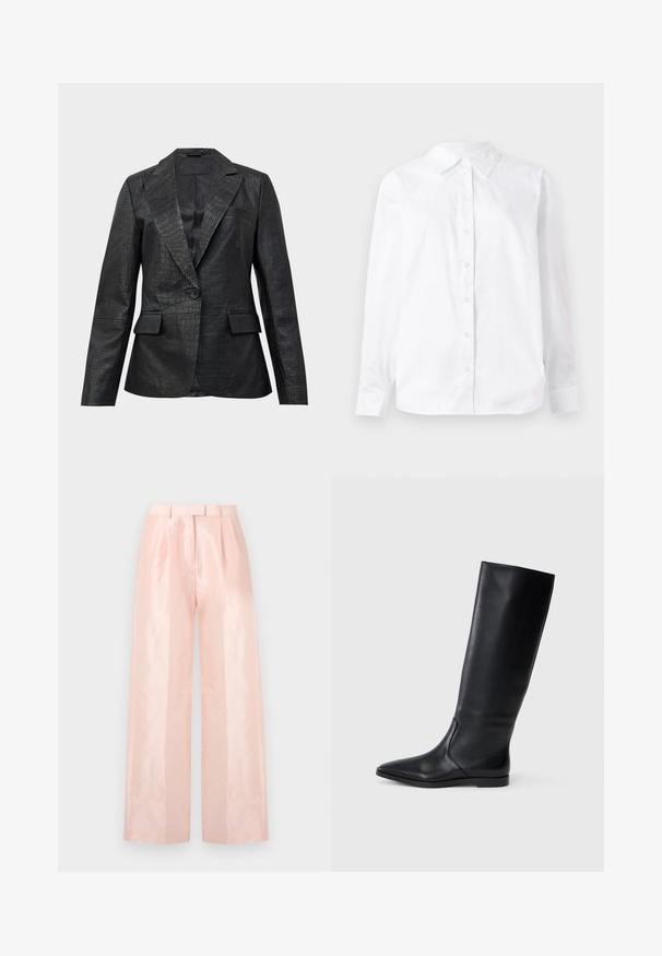 Čierny umelý krokodílový kožený blejzer so zapínaním na jeden gombík, s klopovými límci a prednými vreckami s chlopňami, navrhnutý pre priliehavý strih.; Biela košeľa s dlhým rukávom, vyrobená z bavlny, s špicatým golierom a rovný strih, s hladkou textúrou.; Svetloružové nohavice s vysokým pásom a širokými nohavicami, s jemnou, lesklou textúrou, prepletením vpredu a zodpovedajúcim opaskom.; Čierna kožená čižma po kolená s špicatou špičkou a minimalistickým dizajnom. Hladký povrch a plochá podrážka, s diskrétnymi bočnými švami.