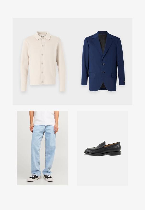 Navy blue blazer made of smooth fabric, featuring a notch lapel, two buttons, and two front pockets with a single chest pocket.; Beige knit cardigan with a collared neckline and button closure. Features long sleeves and a soft texture, with subtle ribbed detailing.; White short-sleeve t-shirt, loose fit, round neckline, smooth cotton fabric, unembellished back, straight hemline, no patterns or accents.; Light blue denim jeans with a relaxed fit, featuring a straight leg design and standard stitching, paired with black sneakers.; Black leather loafers with a smooth finish, rounded toe, and decorative stitching on the vamp. Low stacked heel and slight shine.