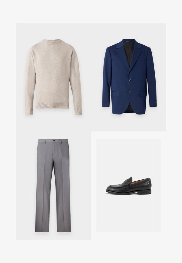 Námorně modrý blejzr z hladké tkaniny, se zářezovým límcem, dvěma knoflíky a dvěma předními kapsami s jednou kapsou na hrudi.; Béžový pletený svetr s kulatým výstřihem, žebrovanými manžetami a spodním lemem a měkkou texturou. Má volný střih a dlouhé rukávy.; Bílý krátký rukáv tričko, volný střih, kulatý výstřih, hladká bavlněná tkanina, nezdobený zadní díl, rovný lem, žádné vzory ani akcenty.; Šedé kalhoty s rovnými nohavicemi, dvěma postranními kapsami a zapínáním na jeden knoflík. Hladká textura s jemným proužkovaným vzorem.; Černé kožené mokasíny s hladkým povrchem, zaoblenou špičkou a dekorativním prošíváním na svršku. Nízký podpatka a mírný lesk.