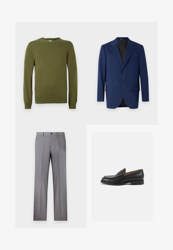 Blazer azul marino de tela suave, con solapa de muesca, dos botones y dos bolsillos delanteros, además de un bolsillo en el pecho.; Suéter de punto verde olivo, escote redondo, mangas largas, puños y dobladillo acanalados, textura suave, material ligero, diseño casual.; Camiseta blanca de manga corta, corte holgado, cuello redondo, tela de algodón suave, parte posterior sin adornos, dobladillo recto, sin patrones ni acentos.; Pantalones grises a medida con frente plano, dos bolsillos laterales y cierre de un botón. Textura suave con un sutil patrón de rayas en relieve.; Mocasines de cuero negro con un acabado suave, punta redondeada y costuras decorativas en la parte superior. Tacón bajo apilado y un ligero brillo.