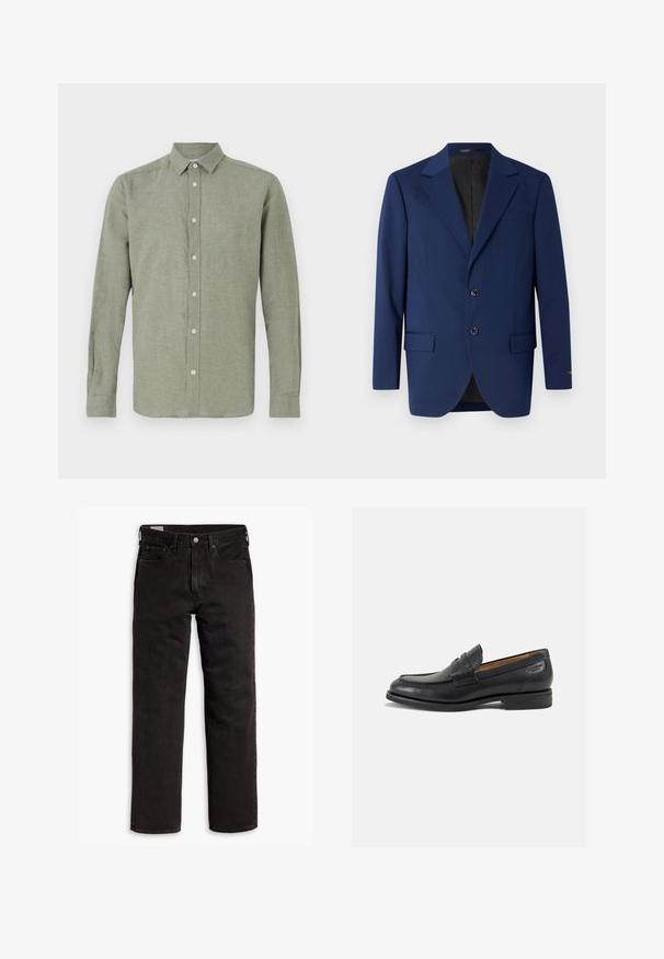 Navy blue blazer made of smooth fabric, featuring a notch lapel, two buttons, and two front pockets with a single chest pocket.; Long-sleeve, collared shirt in light green, made from textured fabric, featuring a full button closure and a straight hem.; White short-sleeve t-shirt, loose fit, round neckline, smooth cotton fabric, unembellished back, straight hemline, no patterns or accents.; Black straight-leg denim jeans with five pockets, button closure, and belt loops, laid flat on a white background.; Black leather loafers with a smooth finish, rounded toe, and decorative stitching on the vamp. Low stacked heel and slight shine.