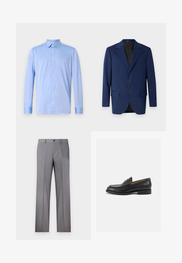 Námorně modrý blejzr z hladké tkaniny, se zářezovým límcem, dvěma knoflíky a dvěma předními kapsami s jednou kapsou na hrudi.; Světle modrá košile na knoflíky s dlouhými rukávy, klasickým límcem a bílými knoflíky. Materiál se zdá být hladký s jemnou texturou.; Bílý krátký rukáv tričko, volný střih, kulatý výstřih, hladká bavlněná tkanina, nezdobený zadní díl, rovný lem, žádné vzory ani akcenty.; Šedé kalhoty s rovnými nohavicemi, dvěma postranními kapsami a zapínáním na jeden knoflík. Hladká textura s jemným proužkovaným vzorem.; Černé kožené mokasíny s hladkým povrchem, zaoblenou špičkou a dekorativním prošíváním na svršku. Nízký podpatka a mírný lesk.