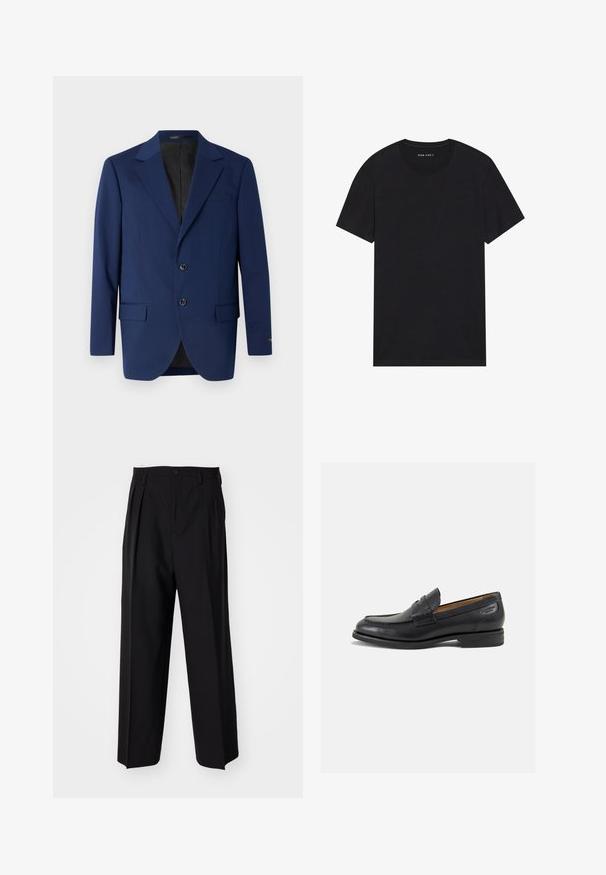 Tumed sinine bleiser, mis on valmistatud siledast kangast. Sellel on klappkaelus, kaks kinnitust ja kaks esist pocketit koos ühe rinnakotiga.; Mustalane puuvillane t-särk lühikeste varrukatega ja ümarate kaelustega. Kangas on sileda tekstuuriga ja lihtsa, ühtlase disainiga.; Mustad volditud püksid sirge ja laia säärega disainiga. Valmistatud siledast kangast, millel on nuppudega sulgemine ja vööaasad.; Mustad mustad nahast loafers, sujuva viimistlusega, ümar sirge ja dekoratiivne tikand peal. Madal ja kergelt kuhjatud konts ning kerge läige.