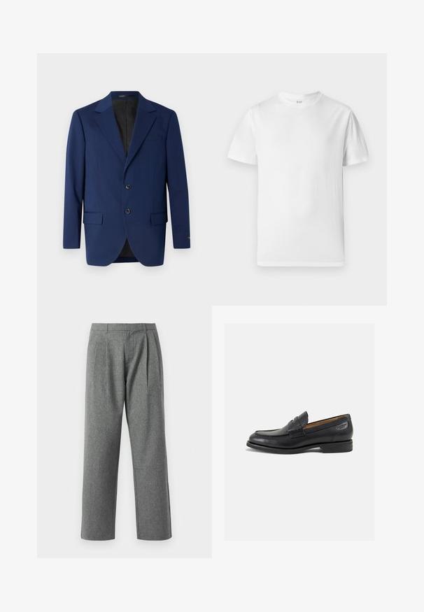 Blazer bleu marine en tissu lisse, avec un revers cranté, deux boutons et deux poches avant ainsi qu'une poche poitrine.; T-shirt blanc à manches courtes en coton doux. Il présente un col rond et un ourlet droit avec un minimum de détails.; Pantalons gris à jambes droites en tissu texturé, avec des plis à l'avant et une taille basique, sans poches visibles.; Mocassins en cuir noir avec une finition lisse, bout rond et coutures décoratives sur la tige. Talon bas empilé et léger brillant.