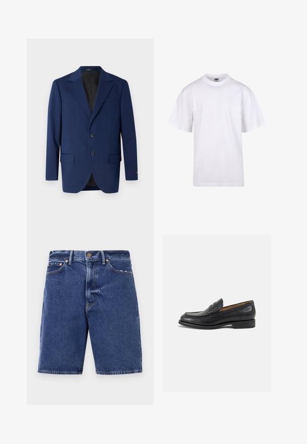 Tums zilas krūšutijas žakete, kas izgatavota no gludas auduma, ar izgriezuma atloku, divām pogām un divām priekšējām kabatām papildus vienai krūšu kabatai.; Balts kokvilnas T-krekls ar apaļu kakla izgriezumu, īsām piedurknēm un brīvu piegriezumu. Tam ir vienkāršs dizains bez rakstiem vai akcentiem.; Tumši zili džinsu šorti ar klasisku piegriezumu, ar pogu aizdari, piecām kabatām un kontrastējošām oranžām diega šuvēm.; Melnas ādas loafers ar gludu apdari, noapaļotu purngalu un dekoratīvām šuvēm uz virsu. Zems, sakrauta papēža un neliels spīdums.