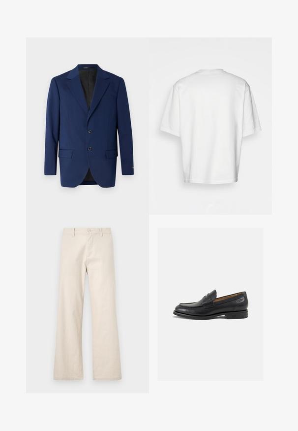 Marineblauer Blazer aus glattem Stoff, mit einem Reverskragen, zwei Knöpfen und zwei frontalen Taschen sowie einer einzelnen Brusttasche.; Weißes T-Shirt mit kurzen Ärmeln, lockere Passform, runder Ausschnitt, glattes Baumwollmaterial, ungeschmückter Rücken, gerader Saum, keine Muster oder Akzente.; Beige weit geschnittene Hosen aus leichtem Stoff, mit Knopfverschluss und Fronttaschen, in einer glatten, untexturierten Ausführung.; Schwarze Leder Slipper mit glatter Oberfläche, runder Spitze und dekorativer Naht auf dem Vorderblatt. Niedriger Blockabsatz und leichter Glanz.