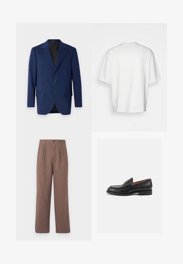 Tummansininen bleiseri, joka on valmistettu sileästä kankaasta ja jossa on sakollinen kaulus, kaksi nappia sekä kaksi etutaskua ja yksi rintatasku.; Valkoinen, lyhythihainen t-paita pyöreällä pääntiellä, valmistettu puuvillasta. Yksinkertainen muotoilu, ei kuvioita tai koristeita, nähtynä takaa.; Ruske, široke hlače od teksturiranog materijala, s naglaskom na preklopima i dugmetom za zatvaranje u struku. Prilagođen dizajn s čistim linijama.; Mustat nahkaloaferit, joissa on sileä pinta, pyöreä varvas ja koristeompeleet varpaansuojassa. Matala pinottu korko ja hieno kiilto.