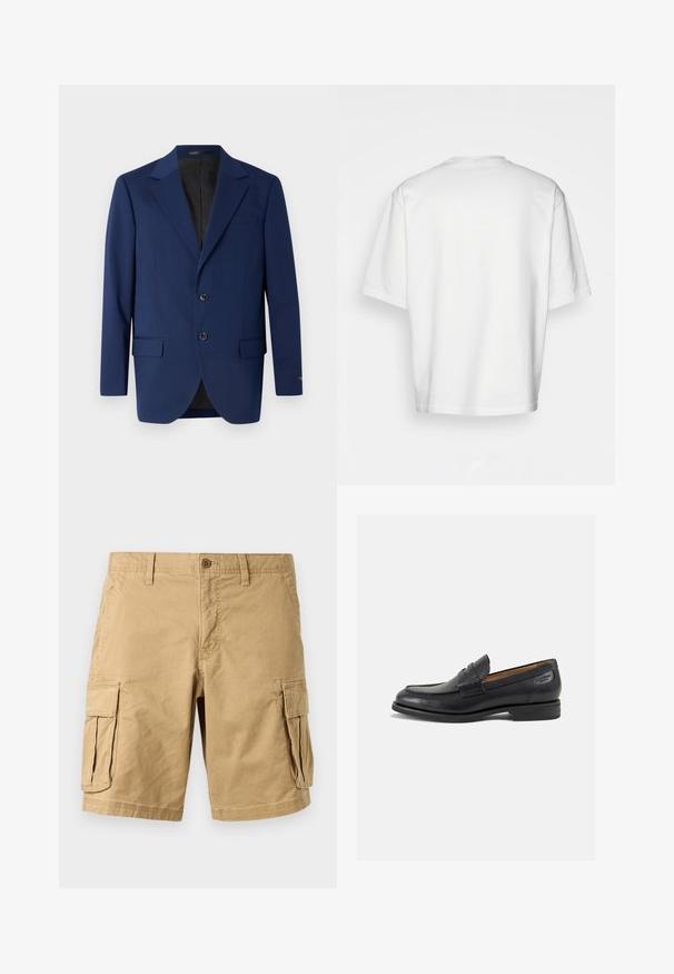 Donkerblauwe blazer van gladde stof, met een notch lapel, twee knopen en twee voorzakken met een enkele borstzak.; Witte t-shirt met korte mouwen, losse fit, ronde halslijn, gladde katoenen stof, ongeversierde achterkant, rechte zoom, geen patronen of accenten.; Beige cargo shorts van lichtgewicht katoen, met twee grote zijzakken, een knoopsluiting en riemlussen. Gladde textuur.; Zwarte leren loafers met een gladde afwerking, ronde neus en decoratieve stiksels op de wreef. Lage gestapelde hak en een lichte glans.