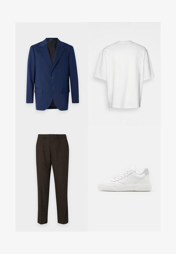Marineblå blazer laget av glatt stoff, med notklapp, to knapper og to frontlommer med en brystlomme.; Hvit t-skjorte med korte ermer, løs passform, rund hals, glatt bomullsstoff, udekorerte bak, rett nederkant, ingen mønstre eller detaljer.; Brune skreddersydde bukser med rette ben, med en glatt tekstur, beltehemper og sidelommer. Egnet for formell bruk.; Hvite skinnsko med en glat overflate, rund tå, flate lisser og teksturert såle. Grå semsket innfelt ved hælen.