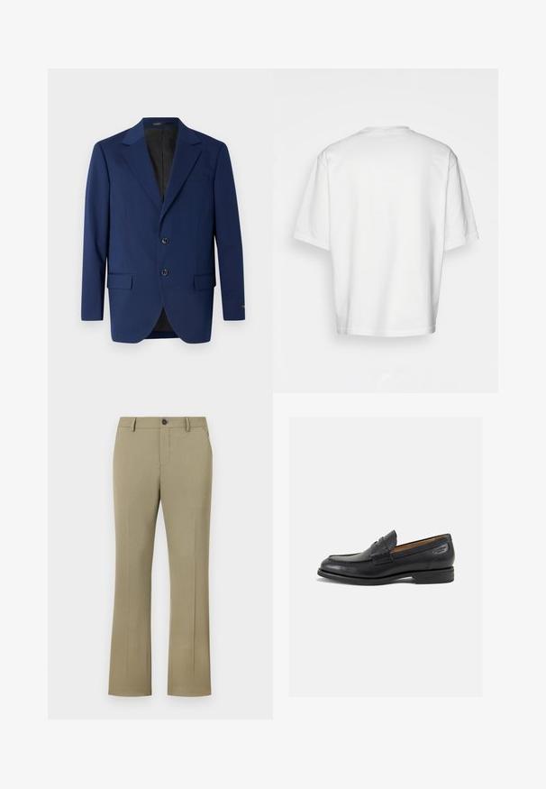 Temno modra suknjiča iz gladkega materiala, z označenim ovratnikom, dvema gumboma in dvema sprednjima žepoma ter enim žepom na prsih.; Bela kratka majica s kratkimi rokavi, ohlapnega kroja, okroglega izreza, gladkega bombažnega materiala, brez okrasitev na hrbtni strani, ravna obroba, brez vzorcev ali naglasov.; Svijetlosmeđi, rašireni hlače s glatkom, tkanom teksturom. Imaju zatvaranje na dugme, rajsferšlus, bočne džepove i prilagođen kroj.; Črne usnjene loafers cipele z gladko površino, zaobljenim nosom in dekorativnim šivom na vampu. Nizek zloženi peti in rahla sijaj.