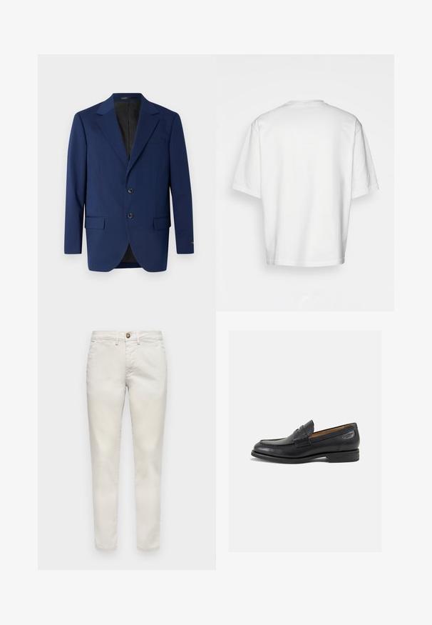 Granatowa marynarka wykonana z gładkiego materiału, z klapami w kształcie notcha, dwoma guzikami oraz dwoma przednimi kieszeniami i jedną kieszonką na piersi.; Biała, krótkiego rękawa koszulka, luźny krój, okrągły dekolt, gładki bawełniany materiał, nieozdobione plecy, prosta linia dołu, bez wzorów ani akcentów.; Beżowe bawełniane spodnie o dopasowanym kroju, z zapięciem na guzik, kieszeniami po bokach i gładką teksturą. Standardowa długość z podwiniętymi nogawkami.; Czarne skórzane mokasyny o gładkim wykończeniu, zaokrąglonym nosku i dekoracyjnym przeszyciu na cholewce. Niski, warstwowy obcas i delikatny połysk.