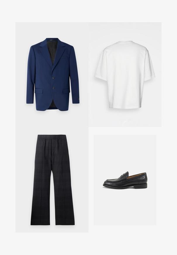 Marineblauer Blazer aus glattem Stoff, mit einem Reverskragen, zwei Knöpfen und zwei frontalen Taschen sowie einer einzelnen Brusttasche.; Weißes T-Shirt mit kurzen Ärmeln, lockere Passform, runder Ausschnitt, glattes Baumwollmaterial, ungeschmückter Rücken, gerader Saum, keine Muster oder Akzente.; Schwarz-kariierte Hose mit elastischem Bund, weit geschnittenem Design, strukturiertem Stoff und dezentem Karomuster über die gesamte Fläche.; Schwarze Leder Slipper mit glatter Oberfläche, runder Spitze und dekorativer Naht auf dem Vorderblatt. Niedriger Blockabsatz und leichter Glanz.