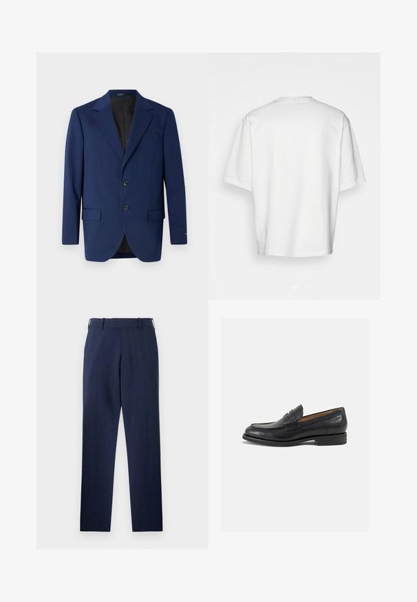 Tummansininen bleiseri, joka on valmistettu sileästä kankaasta ja jossa on sakollinen kaulus, kaksi nappia sekä kaksi etutaskua ja yksi rintatasku.; Valkoinen lyhythihainen t-paita, löysä malli, pyöreä pääntie, sileä puuvillakangas, koristamaton selkä, suora helma, ei kuvioita tai yksityiskohtia.; Tummansinisiä housuja, jotka on valmistettu rakenteellisesta kankaasta. Niissä on suora lahje, vyölenkit ja etutaskut käytännöllisyyden vuoksi.; Mustat nahkaloaferit, joissa on sileä pinta, pyöreä varvas ja koristeompeleet varpaansuojassa. Matala pinottu korko ja hieno kiilto.