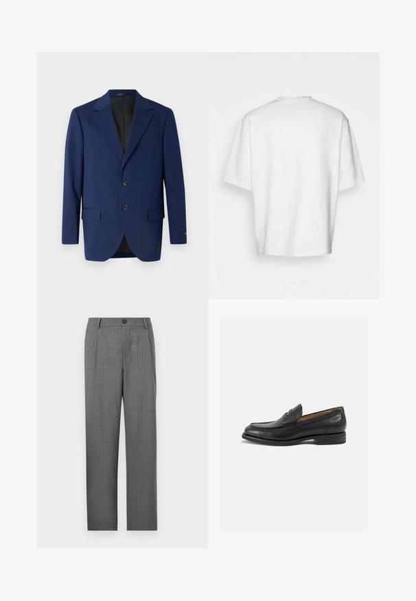 Donkerblauwe blazer van gladde stof, met een notch lapel, twee knopen en twee voorzakken met een enkele borstzak.; Witte t-shirt met korte mouwen, losse fit, ronde halslijn, gladde katoenen stof, ongeversierde achterkant, rechte zoom, geen patronen of accenten.; Grijze op maat gemaakte broek met een subtiel streeppatroon, een sluiting met een knoop aan de voorkant en een recht model. Geen zichtbare zakken.; Zwarte leren loafers met een gladde afwerking, ronde neus en decoratieve stiksels op de wreef. Lage gestapelde hak en een lichte glans.