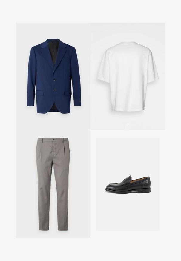 Tums zilas krūšutijas žakete, kas izgatavota no gludas auduma, ar izgriezuma atloku, divām pogām un divām priekšējām kabatām papildus vienai krūšu kabatai.; Balta īsām piedurknēm T-krekls, brīvs piegriezums, apaļš kakla izgriezums, gluda kokvilnas auduma, vienkārša aizmugure, taisna apakšmala, bez rakstiem vai accentiem.; Pelēki kokvilnas bikses ar taisnu kāju dizainu, kas ietver pogu aizdari, krokas un sānu kabatas. Gluda tekstūra ar minimālu noformējumu.; Melnas ādas loafers ar gludu apdari, noapaļotu purngalu un dekoratīvām šuvēm uz virsu. Zems, sakrauta papēža un neliels spīdums.