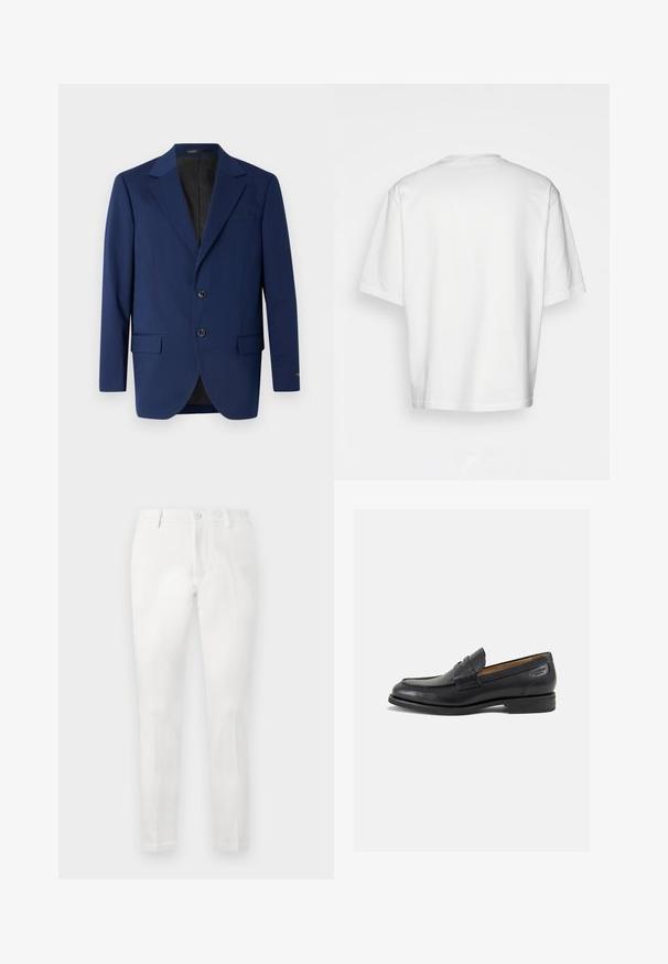 Tengerészkék blézer sima szövetből, kiemelkedő hajtókával, két gombbal és két elülső zsebbe, valamint egy mellzsebbe.; Fehér, rövidujjú póló, laza szabással, kerek dekoltázzsal, sima pamut anyagból, díszítés nélküli hátrésszel, egyenes szegéllyel, minta és kiegészítők nélkül.; Fehér nadrág, amely szabott szabással készült, sík elejű, két oldalsó zsebbel és egy hátsó zsebbel rendelkezik. Sima anyagból készült.; Fekete bőr loaferek sima felülettel, lekerekített orral és díszítő varrással a lábfejen. Alacsony, réteges sarkú és enyhe fényű.