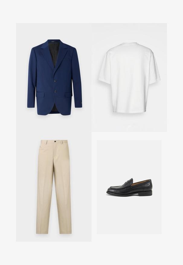 Tengerészkék blézer sima szövetből, kiemelkedő hajtókával, két gombbal és két elülső zsebbe, valamint egy mellzsebbe.; Fehér, rövidujjú póló, laza szabással, kerek dekoltázzsal, sima pamut anyagból, díszítés nélküli hátrésszel, egyenes szegéllyel, minta és kiegészítők nélkül.; Beige színű, könnyű anyagból készült nadrág, egyenes szárú fazonnal, egyetlen elülső redővel és gombos záródással a deréknál.; Fekete bőr loaferek sima felülettel, lekerekített orral és díszítő varrással a lábfejen. Alacsony, réteges sarkú és enyhe fényű.