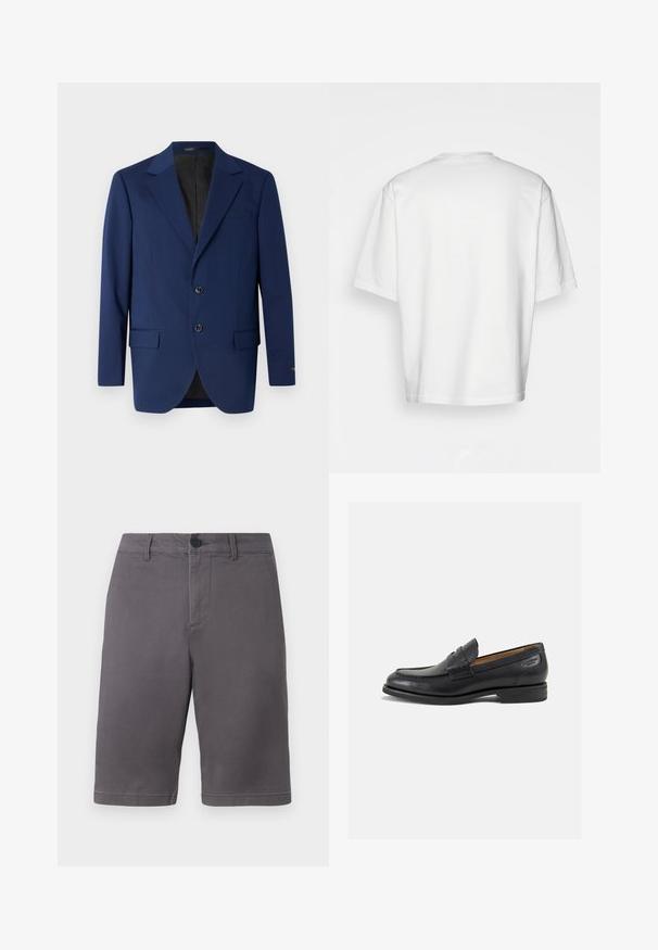 Blazer bleu marin realizat dintr-un material neted, cu rever în formă de colț, două butoane și două buzunare frontale, plus un buzunar pentru piept.; Tricou alb cu mânecă scurtă, croială lejeră, decolteu rotund, material din bumbac neted, spate simplu, margine dreaptă, fără modele sau accente.; Pantaloni scurți gri dintr-un amestec de bumbac, cu închidere prin buton, buzunare laterale și un design curat, cu tăietură dreaptă.; Mocasini din piele neagră cu o finisare netedă, vârf rotund și cusături decorative pe partea superioară. Toc mic și stivuit, cu o ușoară strălucire.