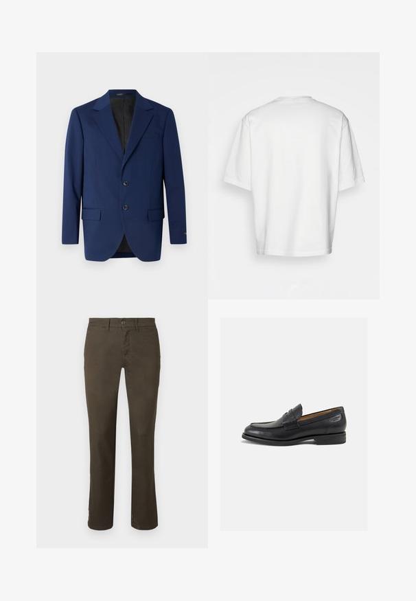 Marineblauer Blazer aus glattem Stoff, mit einem Reverskragen, zwei Knöpfen und zwei frontalen Taschen sowie einer einzelnen Brusttasche.; Weißes T-Shirt mit kurzen Ärmeln, lockere Passform, runder Ausschnitt, glattes Baumwollmaterial, ungeschmückter Rücken, gerader Saum, keine Muster oder Akzente.; Dunkelbraune Hosen aus Baumwollmischung. Verfügt über einen Knopfverschluss, ein gerades Bein-Design und eine subtile Textur ohne sichtbare Muster oder Verzierungen.; Schwarze Leder Slipper mit glatter Oberfläche, runder Spitze und dekorativer Naht auf dem Vorderblatt. Niedriger Blockabsatz und leichter Glanz.