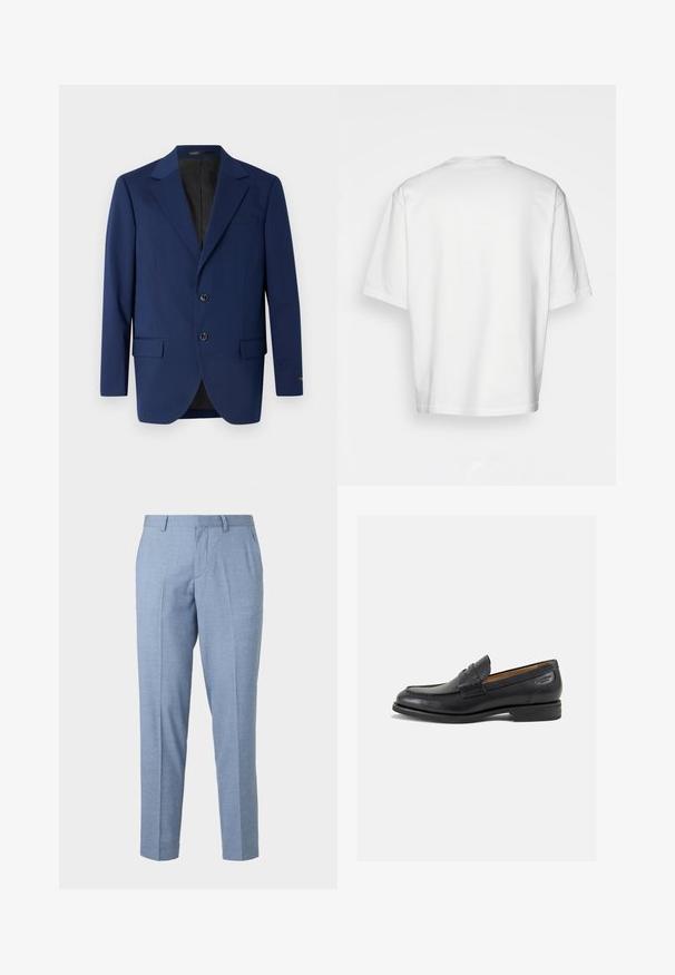 Temno modra suknjiča iz gladkega materiala, z označenim ovratnikom, dvema gumboma in dvema sprednjima žepoma ter enim žepom na prsih.; Bela kratka majica s kratkimi rokavi, ohlapnega kroja, okroglega izreza, gladkega bombažnega materiala, brez okrasitev na hrbtni strani, ravna obroba, brez vzorcev ali naglasov.; Svjetloplave krojene hlače s teksturiranim završetkom, krojenim dizajnom i ravnim nogavicama. Imaju prednje džepove i petlje za remen.; Črne usnjene loafers cipele z gladko površino, zaobljenim nosom in dekorativnim šivom na vampu. Nizek zloženi peti in rahla sijaj.