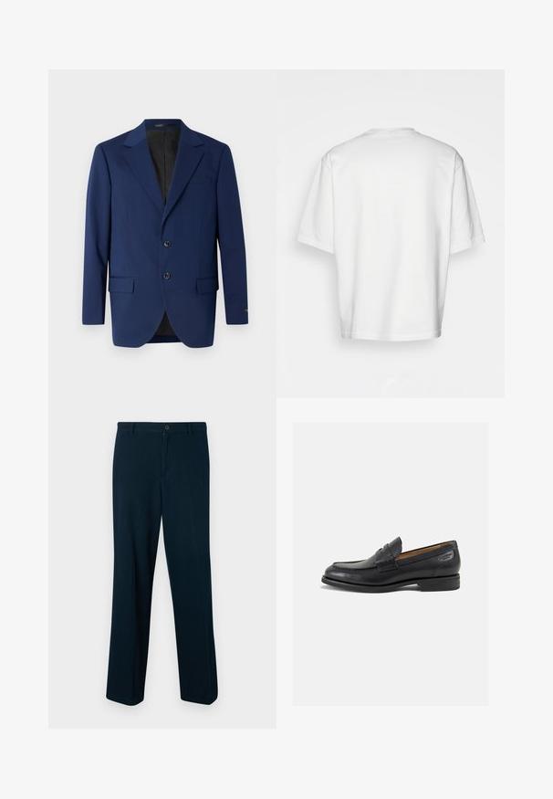 Navy blue blazer made of smooth fabric, featuring a notch lapel, two buttons, and two front pockets with a single chest pocket.; White short-sleeve t-shirt, loose fit, round neckline, smooth cotton fabric, unembellished back, straight hemline, no patterns or accents.; Navy blue trousers made from smooth fabric, featuring a button closure, straight leg design, and minimal detailing.; Black leather loafers with a smooth finish, rounded toe, and decorative stitching on the vamp. Low stacked heel and slight shine.