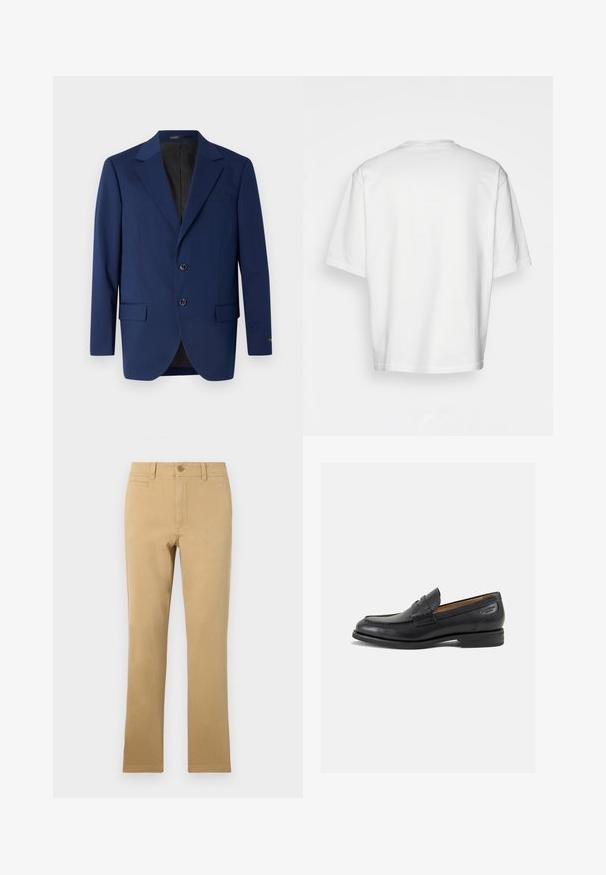 Blazer bleu marine en tissu lisse, avec un revers cranté, deux boutons et deux poches avant ainsi qu'une poche poitrine.; T-shirt blanc à manches courtes, coupe ample, col rond, tissu en coton lisse, dos sans embellissement, ourlet droit, sans motifs ni accents.; Pantalons droits de couleur kaki en coton, dotés d'une fermeture à bouton, de poches avant et d'une texture lisse.; Mocassins en cuir noir avec une finition lisse, bout rond et coutures décoratives sur la tige. Talon bas empilé et léger brillant.