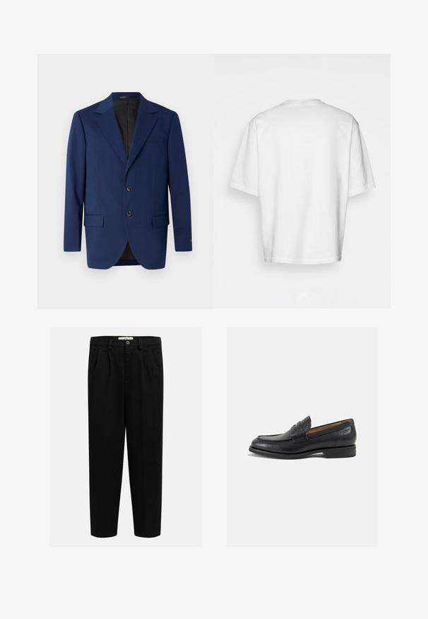 Tamsiai mėlynas bleizeris, pagamintas iš lygaus audinio, su notch tipo apykakle, dviem mygtukais ir dviem priekinėmis kišenėmis bei viena krūtine kišene.; Balta trumpa rankovėmis marškinėliai, laisvas kirpimas, apvalus iškirpimas, lygaus džinsinio audinio, nepuošta nugara, tiesiai kraštu, be raštų ar akcentų.; Juodi kelnės, pagamintos iš minkštos medžiagos, su tiesaus kirpimo dizainu, priekinėmis klostėmis ir mygtukiniu užsegimu talijoje.; Juodi odiniai loafersai su lygiu paviršiumi, apvaliu pirštu ir dekoratyvine siūlė viršuje. Žemas sustiprintas kulnas ir lengvas blizgesys.