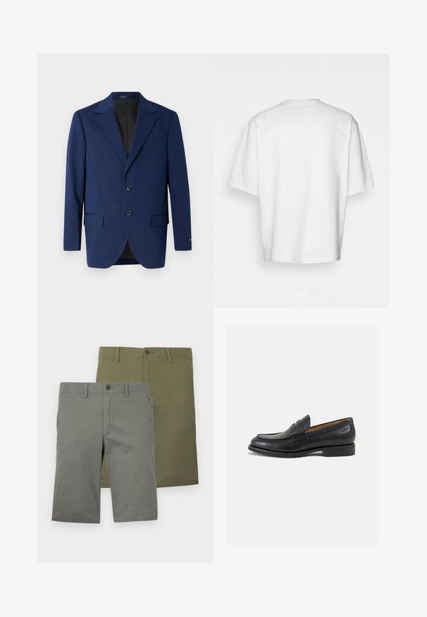 Tummansininen bleiseri, joka on valmistettu sileästä kankaasta ja jossa on sakollinen kaulus, kaksi nappia sekä kaksi etutaskua ja yksi rintatasku.; Valkoinen lyhythihainen t-paita, löysä malli, pyöreä pääntie, sileä puuvillakangas, koristamaton selkä, suora helma, ei kuvioita tai yksityiskohtia.; Kaksi paria Shortsien vihreässä ja oliivinvärisessä sävyssä. Molemmissa on sileä pinta, nappikiinnitys ja litteä etuosa. Ei näkyviä kuvioita.; Mustat nahkaloaferit, joissa on sileä pinta, pyöreä varvas ja koristeompeleet varpaansuojassa. Matala pinottu korko ja hieno kiilto.