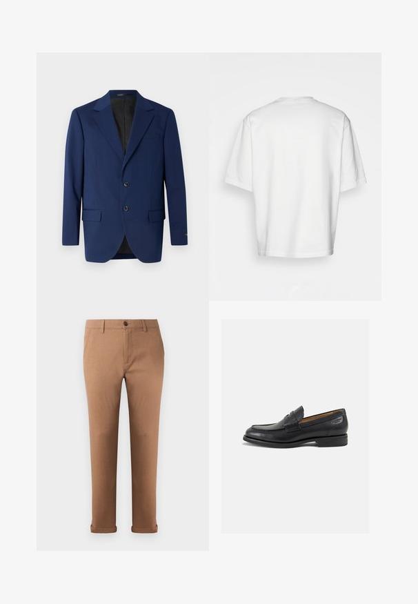 Marineblå blazer lavet af glat stof, med en notch-lapel, to knapper og to forreste lommer samt en enkelt brystlomme.; Hvid kortærmet T-shirt, løstsiddende, rund halsudskæring, glat bomuldsstof, enkel ryg, lige kant, ingen mønstre eller detaljer.; Brune bomuldsbukser med lige pasform, der har en frontknaplukning, bæltestropper og opkrøllede cuffs ved sømmen.; Sorte læder loafers med en glat finish, rund tå og dekorativ syning på vampen. Lav stablet hæl og let glans.