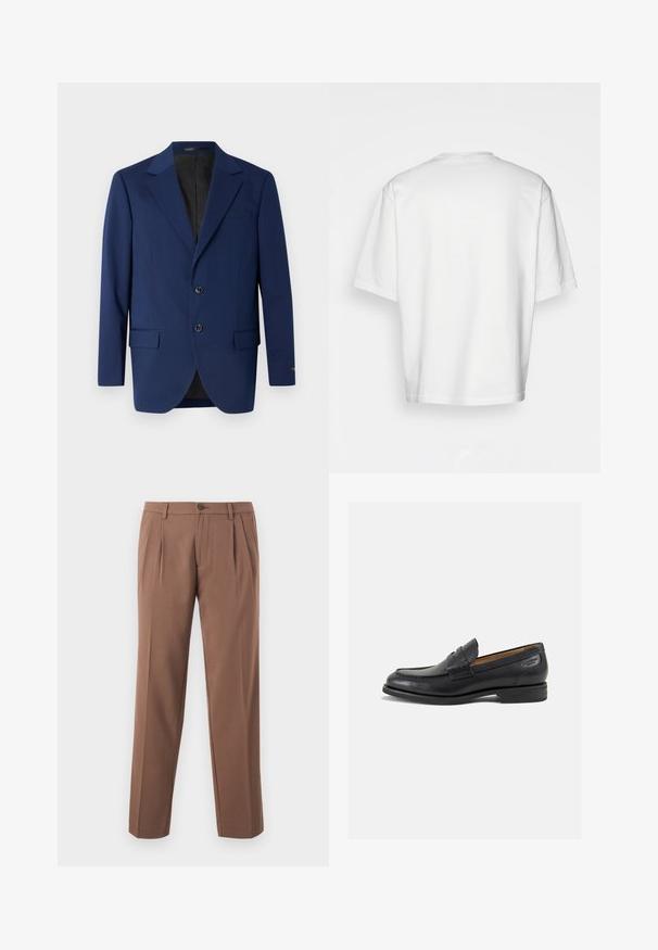 Temno modra suknjiča iz gladkega materiala, z označenim ovratnikom, dvema gumboma in dvema sprednjima žepoma ter enim žepom na prsih.; Bela kratka majica s kratkimi rokavi, ohlapnega kroja, okroglega izreza, gladkega bombažnega materiala, brez okrasitev na hrbtni strani, ravna obroba, brez vzorcev ali naglasov.; Rjave plisirane hlače s ravnim krojem, ki vključujejo enojno zapenjanje in gladko, strukturirano tkanino.; Črne usnjene loafers cipele z gladko površino, zaobljenim nosom in dekorativnim šivom na vampu. Nizek zloženi peti in rahla sijaj.