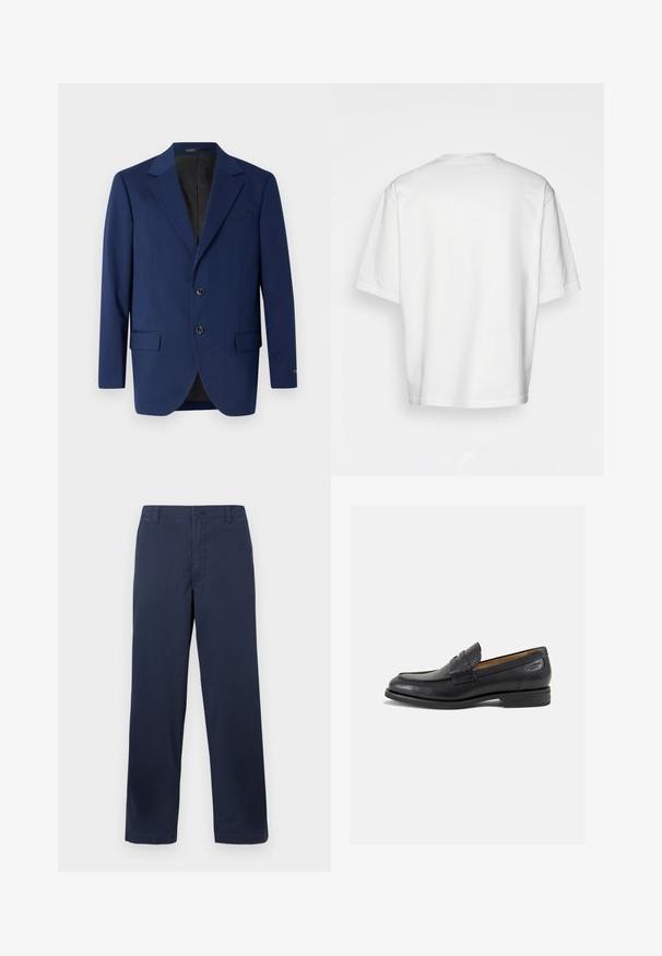 Tumed sinine bleiser, mis on valmistatud siledast kangast. Sellel on klappkaelus, kaks kinnitust ja kaks esist pocketit koos ühe rinnakotiga.; Valge lühikeste varrukatega T-särk, lõdva lõikega, ümar kaelus, sileda puuvillase kangaga, kaunistamata selg, sirge alläär, ilma mustrite või aktsентideta.; Tumed sinised puuvillased püksid sirge jala disainiga, millel on eesnööp ja vöörihmade silmad ning sile tekstuur.; Mustad mustad nahast loafers, sujuva viimistlusega, ümar sirge ja dekoratiivne tikand peal. Madal ja kergelt kuhjatud konts ning kerge läige.