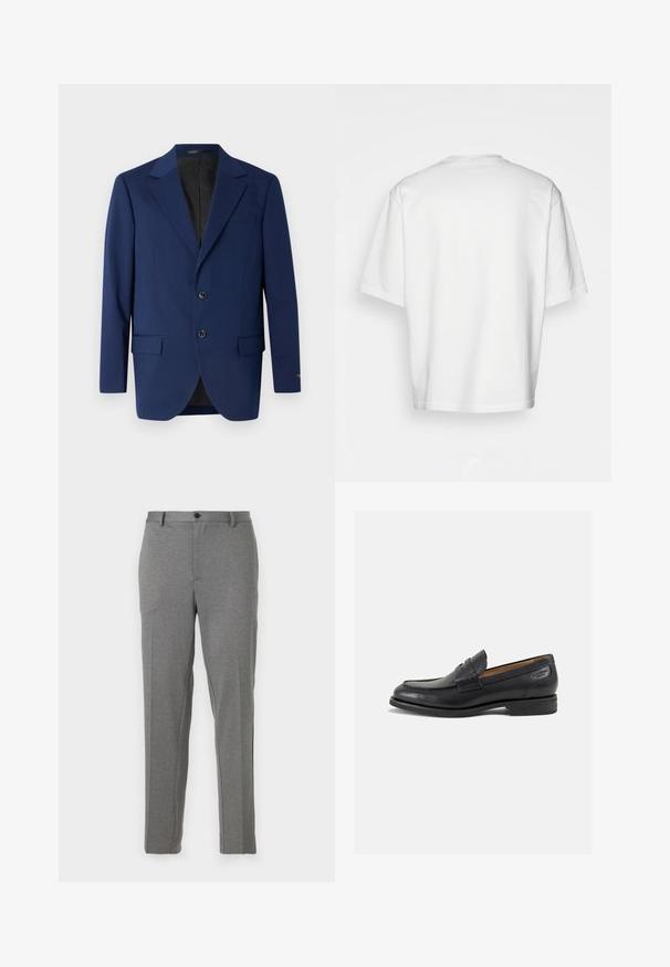 Temno modra suknjiča iz gladkega materiala, z označenim ovratnikom, dvema gumboma in dvema sprednjima žepoma ter enim žepom na prsih.; Bela kratka majica s kratkimi rokavi, ohlapnega kroja, okroglega izreza, gladkega bombažnega materiala, brez okrasitev na hrbtni strani, ravna obroba, brez vzorcev ali naglasov.; Sive tailored hlače z gladko teksturo, rahlo vzorčaste, z zadrgo in gumbom za zapiranje, sprednjimi žepi in oprijetimi hlačnicami.; Črne usnjene loafers cipele z gladko površino, zaobljenim nosom in dekorativnim šivom na vampu. Nizek zloženi peti in rahla sijaj.
