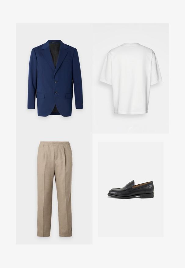 Blazer azul marino de tela suave, con solapa de muesca, dos botones y dos bolsillos delanteros, además de un bolsillo en el pecho.; Camiseta blanca de manga corta, corte holgado, cuello redondo, tela de algodón suave, parte posterior sin adornos, dobladillo recto, sin patrones ni acentos.; Pantalones beiges de corte holgado con cintura elástica, piernas rectas y dos pliegues frontales. Confeccionados en un tejido texturizado y tejido.; Mocasines de cuero negro con un acabado suave, punta redondeada y costuras decorativas en la parte superior. Tacón bajo apilado y un ligero brillo.