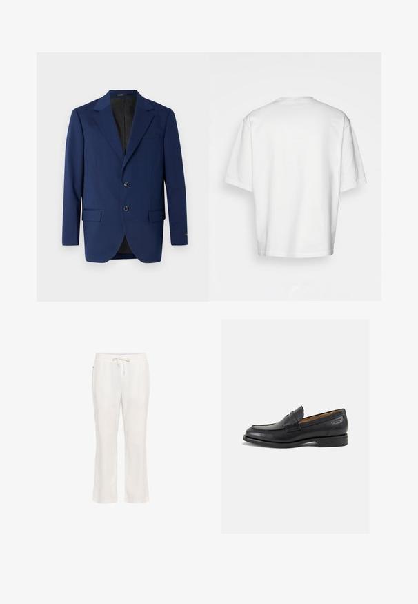 Blazer azul marino de tela suave, con solapa de muesca, dos botones y dos bolsillos delanteros, además de un bolsillo en el pecho.; Camiseta blanca de manga corta con cuello redondo, hecha de algodón. Diseño sencillo, sin estampados ni adornos, vista desde atrás.; Pantalones de lino blanco ligeros, con cinturilla elástica y cordón ajustable. Diseño de pierna recta con una textura suave y sin patrones notables.; Mocasines de cuero negro con un acabado suave, punta redondeada y costuras decorativas en la parte superior. Tacón bajo apilado y un ligero brillo.