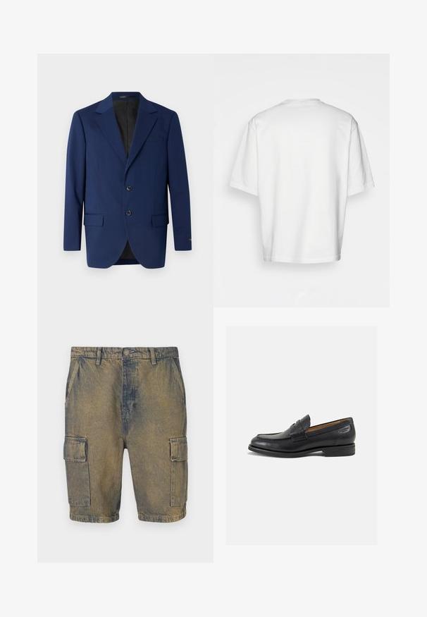 Blazer azul marinho feito de tecido suave, com lapela de pico, dois botões e dois bolsos frontais, além de um bolso no peito.; Camiseta branca de manga curta, de corte solto, com gola redonda, tecido de algodão liso, costas sem adornos, barra reta, sem padrões ou detalhes.; Calções de trabalho em denim numa combinação de azul desbotado e castanho, com bolsos laterais e fecho de botão. Textura desgastada por toda a peça.; Mocassins pretos de pele com um acabamento suave, bico redondo e costura decorativa no a parte superior. Salto baixo e empilhado com um ligeiro brilho.