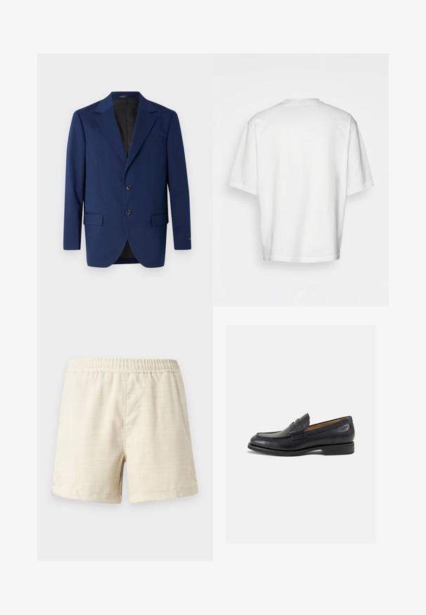 Granatowa marynarka wykonana z gładkiego materiału, z klapami w kształcie notcha, dwoma guzikami oraz dwoma przednimi kieszeniami i jedną kieszonką na piersi.; Biała, krótkiego rękawa koszulka, luźny krój, okrągły dekolt, gładki bawełniany materiał, nieozdobione plecy, prosta linia dołu, bez wzorów ani akcentów.; Beżowe szorty bawełniane z elastycznym pasem, gładką teksturą i podwiniętym krokiem. Prosty design, bez kieszeni ani zdobień.; Czarne skórzane mokasyny o gładkim wykończeniu, zaokrąglonym nosku i dekoracyjnym przeszyciu na cholewce. Niski, warstwowy obcas i delikatny połysk.