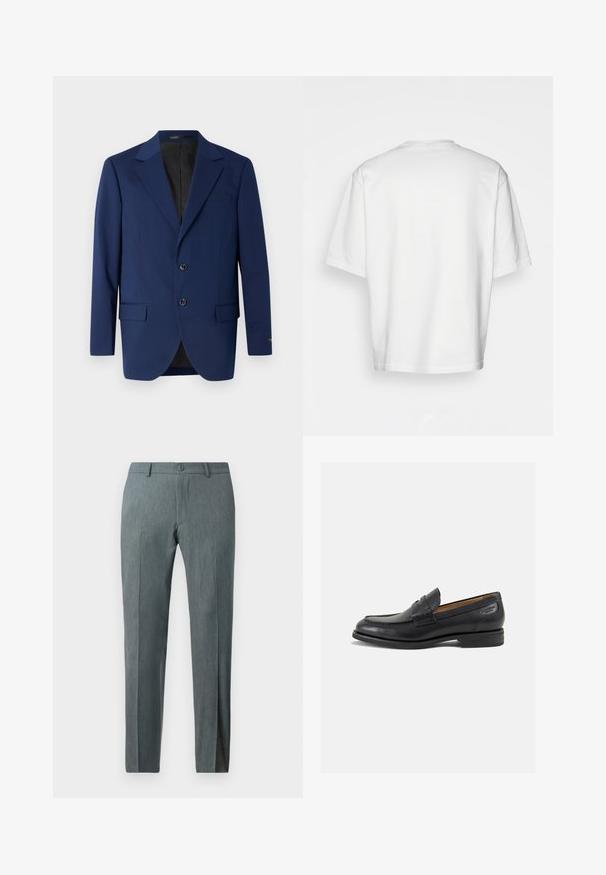 Blazer blu navy realizzato in tessuto liscio, con rever a punta, due bottoni e due tasche frontali accompagnate da una tasca sul petto.; T-shirt bianco a maniche corte, vestibilità ampia, collo rotondo, in morbido cotone, retro senza decorazioni, orlo dritto, senza fantasie o dettagli.; Pantaloni slim-fit in tessuto grigio testurizzato con fronte piatto, chiusura con bottone e passanti per cintura. Presentano un design su misura e gambe dritte.; Mocassini in pelle nera con finitura liscia, punta arrotondata e cuciture decorative sulla tomaia. Tacco basso impilato e leggero lucido.