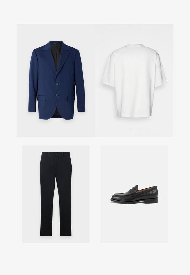 Blazer bleu marin realizat dintr-un material neted, cu rever în formă de colț, două butoane și două buzunare frontale, plus un buzunar pentru piept.; Tricou alb cu mânecă scurtă, croială lejeră, decolteu rotund, material din bumbac neted, spate simplu, margine dreaptă, fără modele sau accente.; Chino negri din țesătură de bumbac, cu picioare drepte, închidere cu buton în față și două buzunare laterale. Textură netedă, detalii minime.; Mocasini din piele neagră cu o finisare netedă, vârf rotund și cusături decorative pe partea superioară. Toc mic și stivuit, cu o ușoară strălucire.