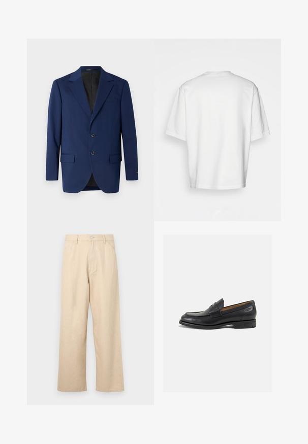 Granatowa marynarka wykonana z gładkiego materiału, z klapami w kształcie notcha, dwoma guzikami oraz dwoma przednimi kieszeniami i jedną kieszonką na piersi.; Biała, krótkiego rękawa koszulka, luźny krój, okrągły dekolt, gładki bawełniany materiał, nieozdobione plecy, prosta linia dołu, bez wzorów ani akcentów.; Beżowe spodnie z szerokimi nogawkami wykonane z denimu o teksturowanym wykończeniu, z przodu zapinane na guzik i w klasycznym pięciopocketowym fasonie.; Czarne skórzane mokasyny o gładkim wykończeniu, zaokrąglonym nosku i dekoracyjnym przeszyciu na cholewce. Niski, warstwowy obcas i delikatny połysk.