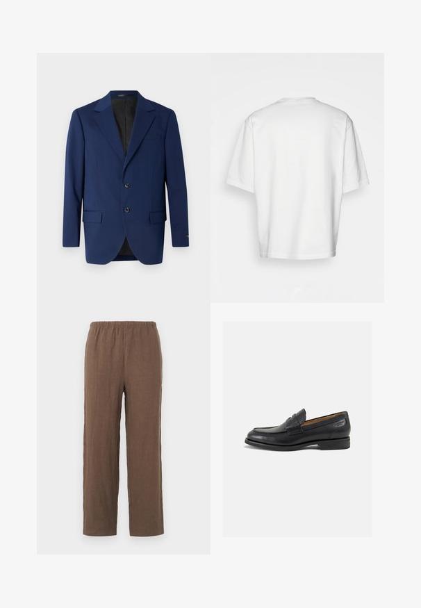 Temno modra suknjiča iz gladkega materiala, z označenim ovratnikom, dvema gumboma in dvema sprednjima žepoma ter enim žepom na prsih.; Bela kratka majica s kratkimi rokavi, ohlapnega kroja, okroglega izreza, gladkega bombažnega materiala, brez okrasitev na hrbtni strani, ravna obroba, brez vzorcev ali naglasov.; Rjave lanene hlače z udobnim krojem, ki vključujejo raztegljiv elastičen pas in ravne hlačnice, gladka tekstura in minimalne detajle.; Črne usnjene loafers cipele z gladko površino, zaobljenim nosom in dekorativnim šivom na vampu. Nizek zloženi peti in rahla sijaj.