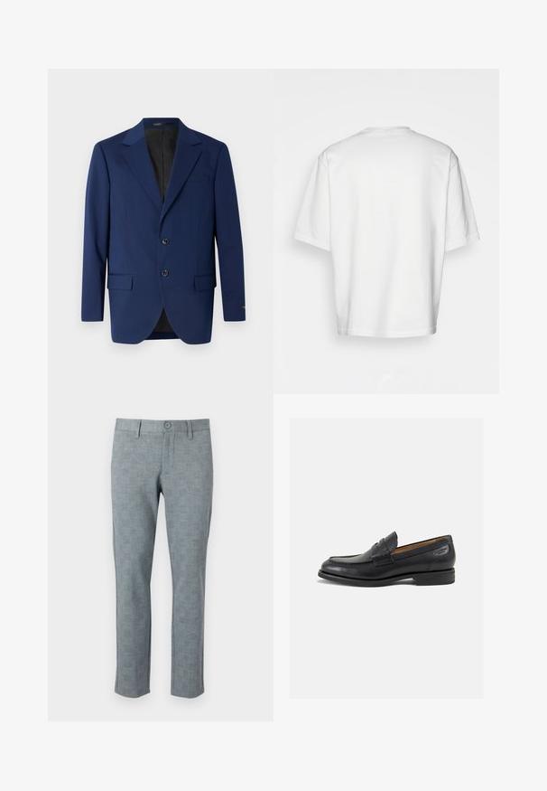 Blazer azul marino de tela suave, con solapa de muesca, dos botones y dos bolsillos delanteros, además de un bolsillo en el pecho.; Camiseta blanca de manga corta, corte holgado, cuello redondo, tela de algodón suave, parte posterior sin adornos, dobladillo recto, sin patrones ni acentos.; Pantalones grises texturizados con un sutil patrón de cuadros. Cuentan con un cierre de botón y un diseño de pierna recta, fabricados en un tejido ligero.; Mocasines de cuero negro con un acabado suave, punta redondeada y costuras decorativas en la parte superior. Tacón bajo apilado y un ligero brillo.