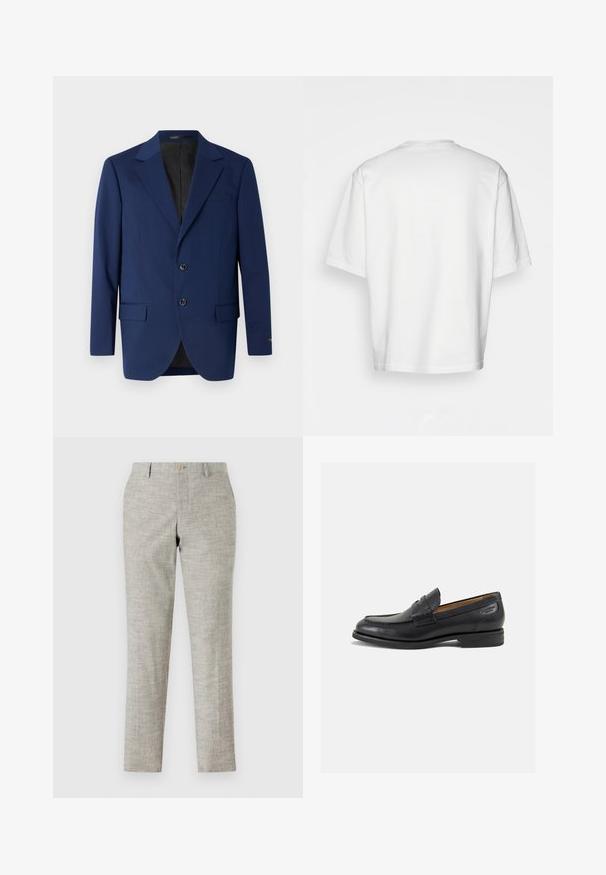 Mornarice plava blejzer izrađena od glatkog materijala, s režnim ovratnikom, dva gumba i dva prednja džepa s jednim džepom na prsima.; Bijela majica kratkih rukava, slobodnog kroja, okruglog izreza, od glatke pamučne tkanine, bez ukrasa na leđima, ravnog donjeg ruba, bez uzoraka ili naglasaka.; Svijetlosive hlače od teksturirane tkanine, s ravnim prednjim dijelom, patentnim zatvaračem i jednim dugmetom za zatvaranje. Krojen u uskom fitu s ravnim nogavicama.; Crne kožne loferice s glatkom površinom, zaobljenim vrhom i dekorativnim šavom na gornjem dijelu. Nizak potplat s malim potpeticama i blagi sjaj.