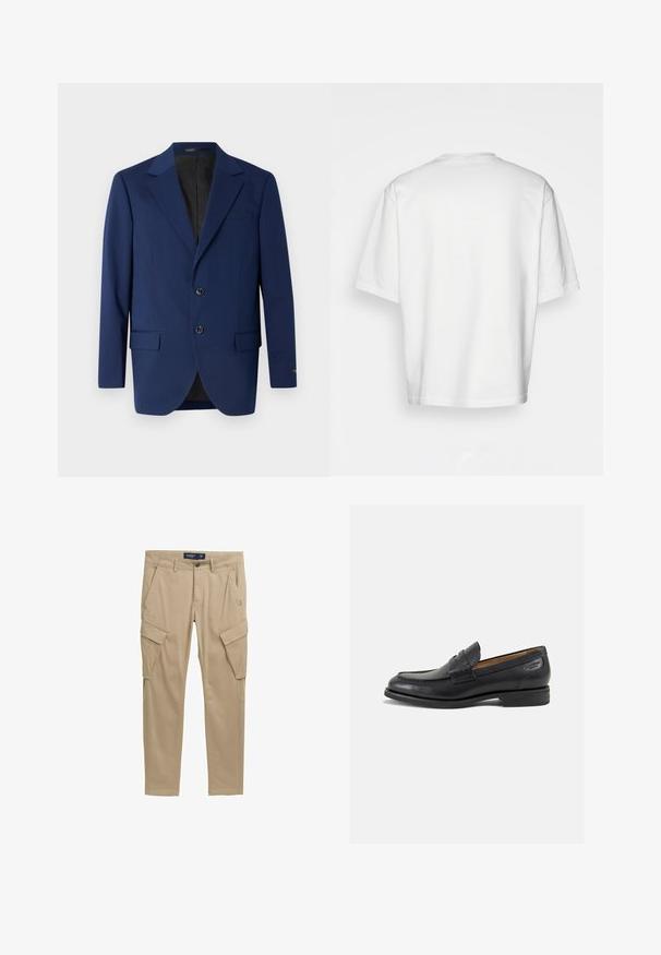 Marineblauer Blazer aus glattem Stoff, mit einem Reverskragen, zwei Knöpfen und zwei frontalen Taschen sowie einer einzelnen Brusttasche.; Weißes T-Shirt mit kurzen Ärmeln, lockere Passform, runder Ausschnitt, glattes Baumwollmaterial, ungeschmückter Rücken, gerader Saum, keine Muster oder Akzente.; Khakifarbene Cargo-Hosen aus leichtem Material, mit mehreren Seitentaschen, Gürtelschlaufen und einem Reißverschluss mit Knopfverschluss.; Schwarze Leder Slipper mit glatter Oberfläche, runder Spitze und dekorativer Naht auf dem Vorderblatt. Niedriger Blockabsatz und leichter Glanz.