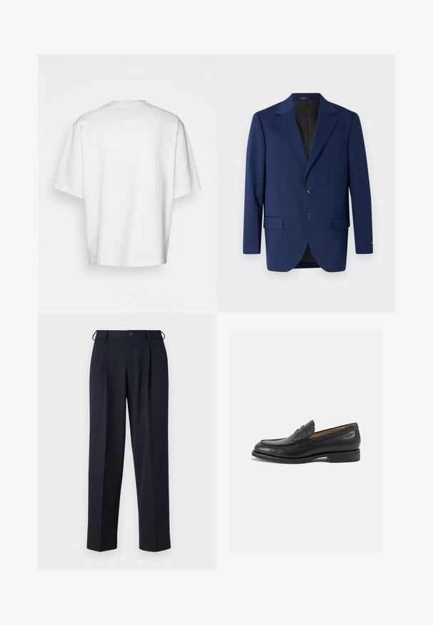 Blazer bleu marin realizat dintr-un material neted, cu rever în formă de colț, două butoane și două buzunare frontale, plus un buzunar pentru piept.; Tricou alb cu mânecă scurtă, croială lejeră, decolteu rotund, material din bumbac neted, spate simplu, margine dreaptă, fără modele sau accente.; Pantaloni bleumarin dintr-un material neted, cu un croi drept, față pliată și închidere cu nasture la talie.; Mocasini din piele neagră cu o finisare netedă, vârf rotund și cusături decorative pe partea superioară. Toc mic și stivuit, cu o ușoară strălucire.