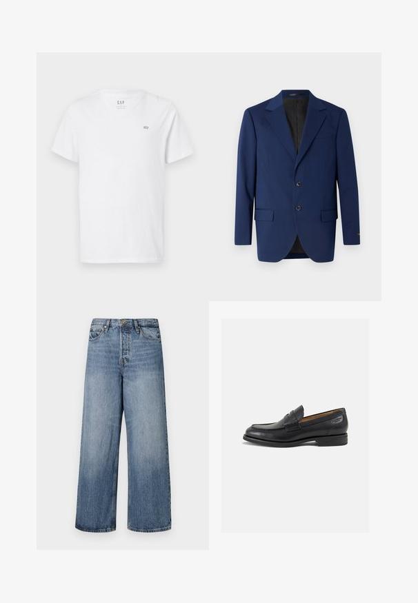 Tummansininen bleiseri, joka on valmistettu sileästä kankaasta ja jossa on sakollinen kaulus, kaksi nappia sekä kaksi etutaskua ja yksi rintatasku.; V-neck valkoinen puuvillapaita, jossa on lyhyet hihat ja pieni brodeerattu logo vasemmassa ylärinnassa. Sujuva pinta.; Värikkäät siniset farkut, joissa on leveät lahkeet ja haalistunut pesu, viiden taskun muotoilu sekä nappikiinnitys. Varustettu vyölenkeillä ja ommellulla yksityiskohdalla.; Mustat nahkaloaferit, joissa on sileä pinta, pyöreä varvas ja koristeompeleet varpaansuojassa. Matala pinottu korko ja hieno kiilto.