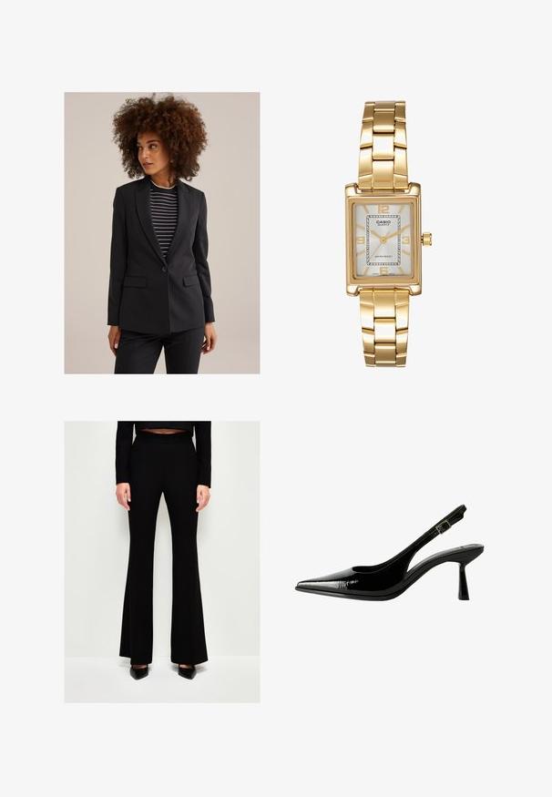 Vrouw met krullend haar, gekleed in een zwart maatpak jasje over een zwart-wit gestreepte top, kijkt opzij tegen een effen achtergrond.; Zwarte mouwloze top met één schouderband, voorzien van een vloeiende, gedrapeerde accent en geplooide zijkant textuur. Gemaakt van een zachte stof.; Zwarte flared broeken met een slanke, aansluitende tailleband, gemaakt van een gladde, rekbare stof. Heeft een ontwerp met volledige lengte en een subtiele glans.; Zwarte gepatineerde leren slingback pump met een spitse neus, uitsparingen aan de zijkanten, een verstelbare enkelband en een dunne, slanke hak.; Gouden rechthoekige polshorloge met een witte wijzerplaat, zilverkleurige uurmarkeringen en een duurzame metalen schakelarmband. Inclusief waterdichte functie.