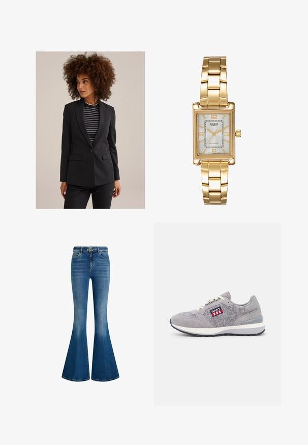 Woman with curly hair wearing a black tailored blazer over a black and white striped top, looking to the side against a plain background.; Black long-sleeve shirt with a wide neckline, made of soft fabric, featuring a fitted design and minimal stitching details.; Blue denim flared jeans featuring a high waist, gold hardware at the waistband, and a faded wash for a distinct textured appearance.; GANT ABRILAKE - Trainers - gray; Gold-tone rectangular wristwatch with a white dial, silver-tone hour markers, and a durable metal link bracelet. Water-resistant feature included.