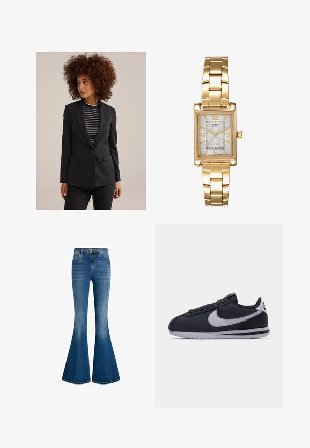 Frau mit lockigem Haar, die ein schwarzes, maßgeschneidertes Blazer über einem schwarz-weißen gestreiften Oberteil trägt und zur Seite blickt, vor einem schlichten Hintergrund.; Schwarz langärmliges Shirt mit weitem Ausschnitt, aus weichem Stoff gefertigt, mit einer taillierten Passform und minimalen Nähten.; Blaue, ausgestellte Jeans aus Denim mit hoher Taille, goldenen Beschlägen am Bund und einem gealterten Waschung für ein markantes, strukturiertes Erscheinungsbild.; Schwarzer Sportschuh mit grauen Akzenten, glattes synthetisches Obermaterial, strukturierte Sohle, abgerundete Zehenpartie und flache Schnürsenkel. Klassisches Design mit Logodetails.; Goldfarbene rechteckige Armbanduhr mit Zifferblatt in Weiß, silbernen Stundenmarkierungen und einem strapazierfähigen Metallarmband. Wasserfest.
