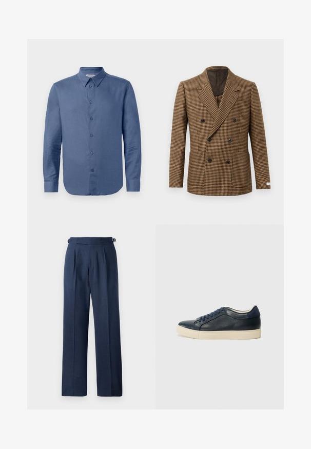 Double-breasted blazer with a brown and black houndstooth pattern, made from textured fabric, featuring black buttons and two front pockets.; Blue long-sleeve button-up shirt with pointed collar and cuffs, displayed against a white background.; Navy blue tailored trousers, made from textured fabric, featuring a high waist, pleats, and adjustable side straps for fit.; Navy blue leather sneaker with cream rubber sole, featuring blue laces and a smooth texture. Rounded toe and minimalistic design.